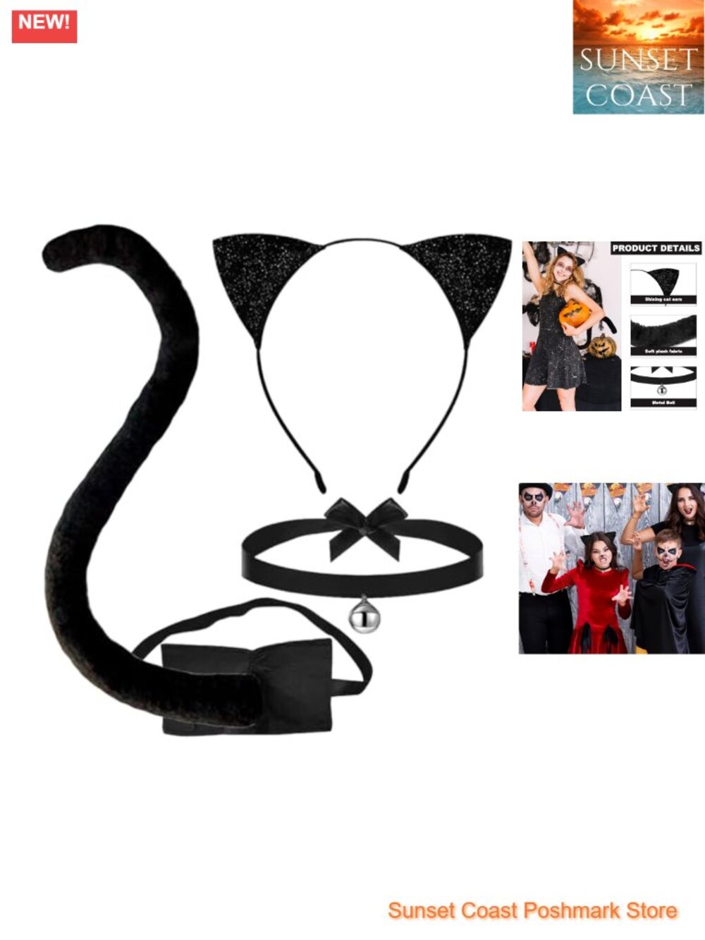3-Piece Cat Costume Set: Ears Headband, Tail, Bell Choker for Halloween &